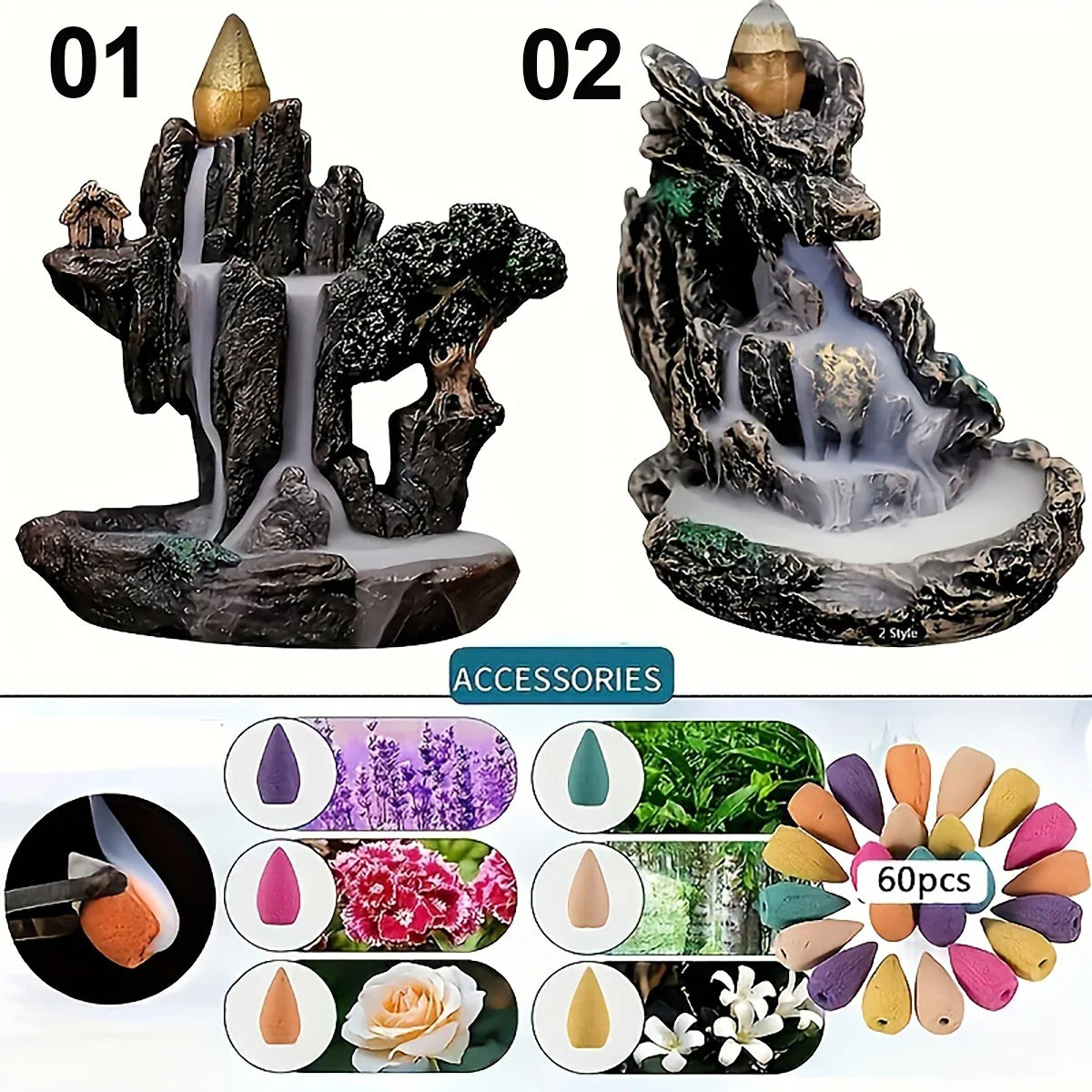 (2) 1pc Mountains River Waterfall Reflux Incense Burner Fountain Backflow Aroma Smoke Censer Holder Home Crafts +60 Incense Cones