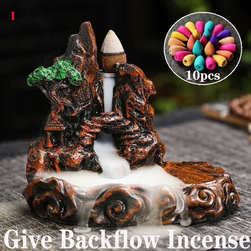 (7) 2025 Mountains River Waterfall Reflux Incense Burner Fountain Backflow Aroma Smoke Censer Holder Home Crafts +60 Incense Cones (Copy) (Copy)