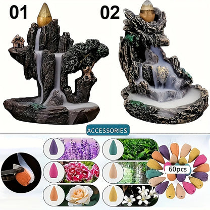 (2) 1pc Mountains River Waterfall Reflux Incense Burner Fountain Backflow Aroma Smoke Censer Holder Home Crafts +60 Incense Cones