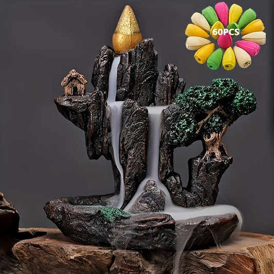(1) 1pc Mountains River Waterfall Reflux Incense Burner Fountain Backflow Aroma Smoke Censer Holder Home Crafts +60 Incense Cones (Copy)
