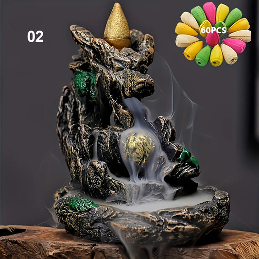 (2) 1pc Mountains River Waterfall Reflux Incense Burner Fountain Backflow Aroma Smoke Censer Holder Home Crafts +60 Incense Cones